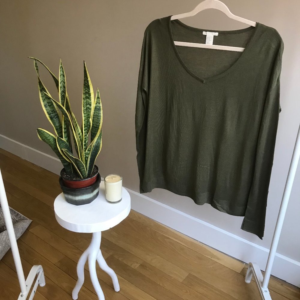 H&M Olive Green Long Sleeve V Neck Top